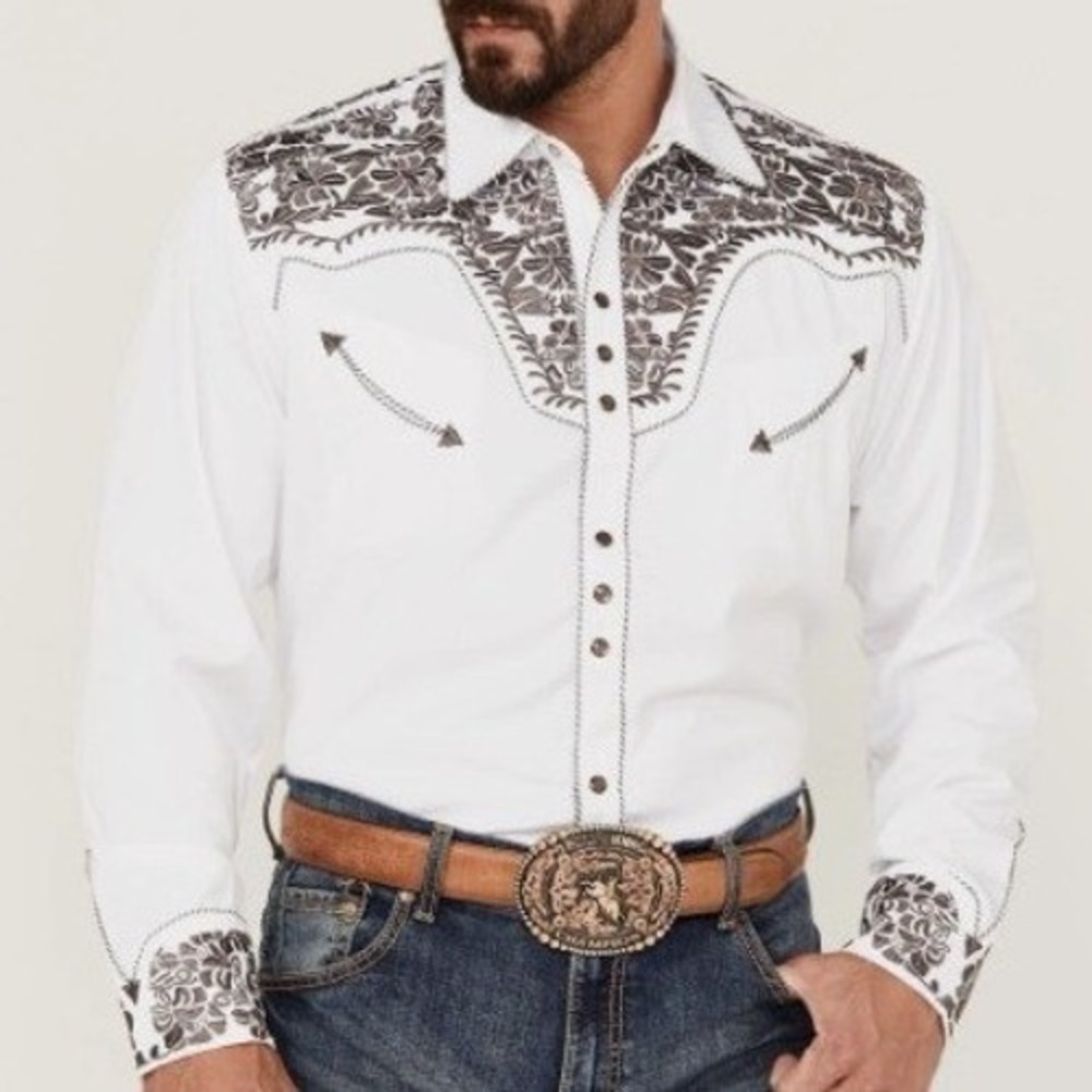 NWT Scully Gunfighter Embroidered Western Shirt White Black Snap Mens Small